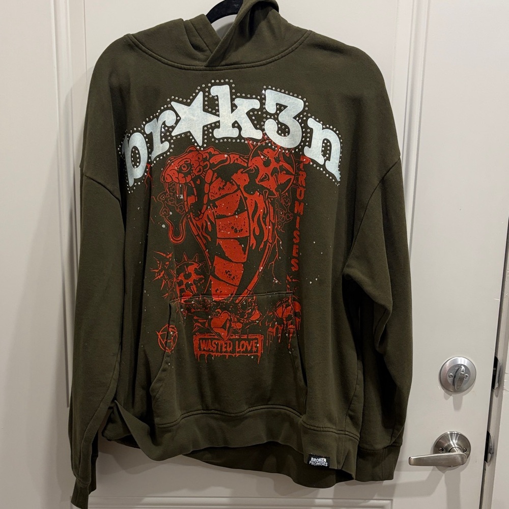 Unbranded Men's Olive Green Graphic Hoodie with Red Cobra Print